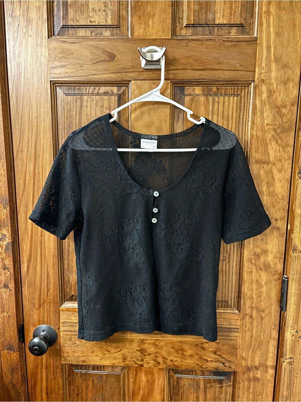 Women's Black Lace Scoop Neck Button-Front Top